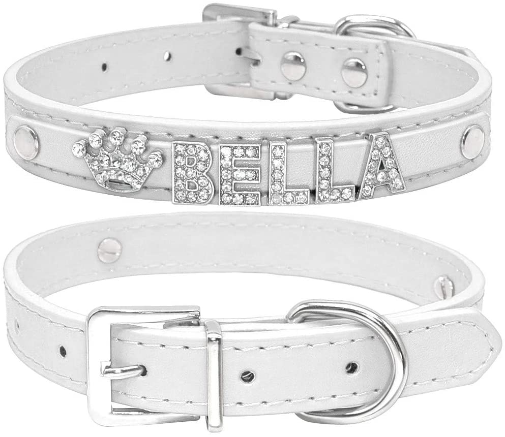  WXPC Bling Rhinestone Cachorro Collares de Perro Personalizados Perros Pequeños Collar de Chihuahua Collar Personalizado Nombre Gratis Encantos Accesorios para Mascotas Blanco, M 