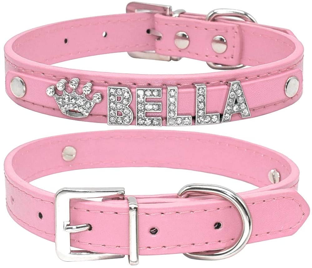  WXPC Bling Rhinestone Cachorros Collares de Perro Personalizados Perros pequeños Chihuahua Collar Collar Personalizado Nombre Gratis Encantos Accesorios para Mascotas Rosa, XS 