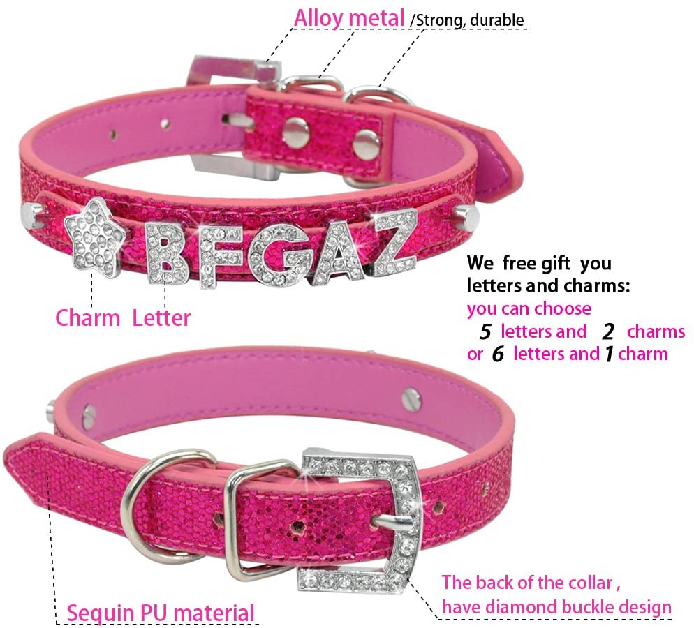  XIAOLANGTIAN Collar Personalizado Pequeño De Perro Cachorro Y Correa Juego Nombre Personalizado De Bling Gratis Letras para Chihuahua Youkshire Terrier Shih Tzu, Rosa Fuerte, M 