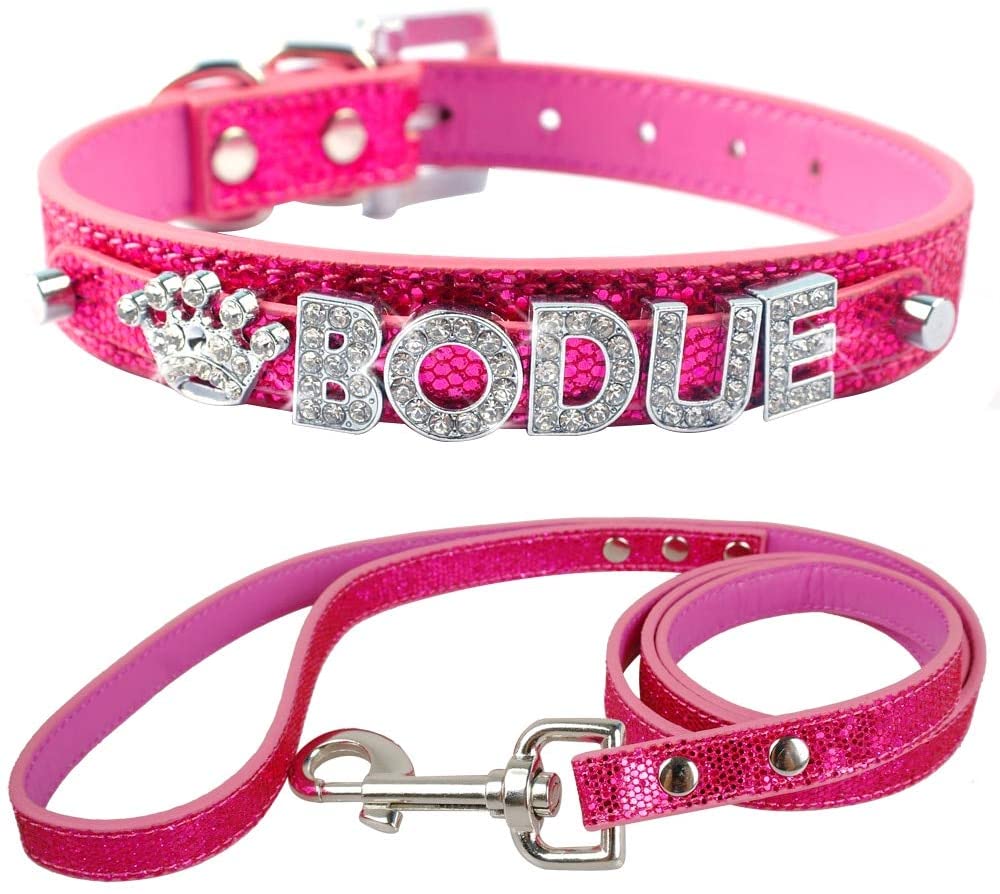  XIAOLANGTIAN Collar Personalizado Pequeño De Perro Cachorro Y Correa Juego Nombre Personalizado De Bling Gratis Letras para Chihuahua Youkshire Terrier Shih Tzu, Rosa Fuerte, M 