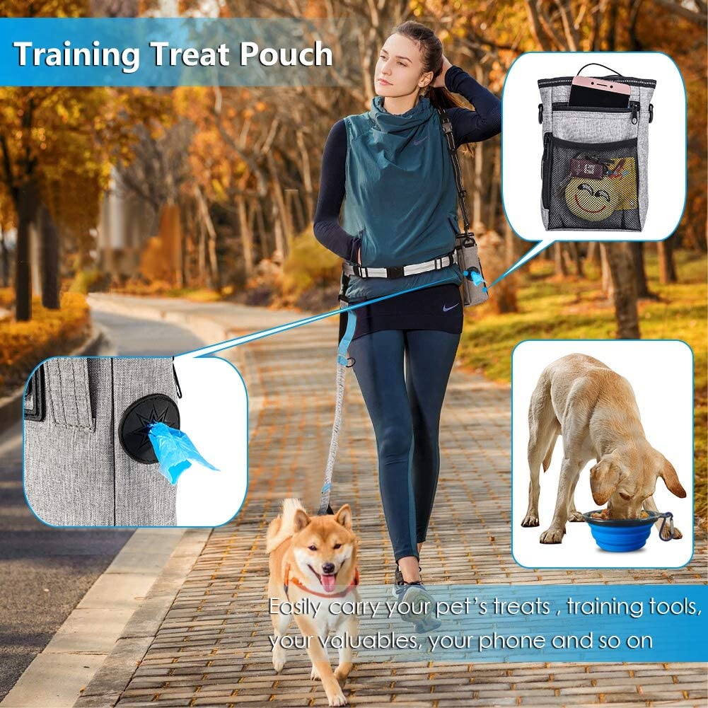  YOUTHINK Correa Perro Manos Libres Elástico Reflectantes con Bolsa de Comida, Aguanta hasta 150 lbs, Cinturón de Cintura de Doble Manija, Cuenco de Plegable para Correr Caminando Excursionismo 