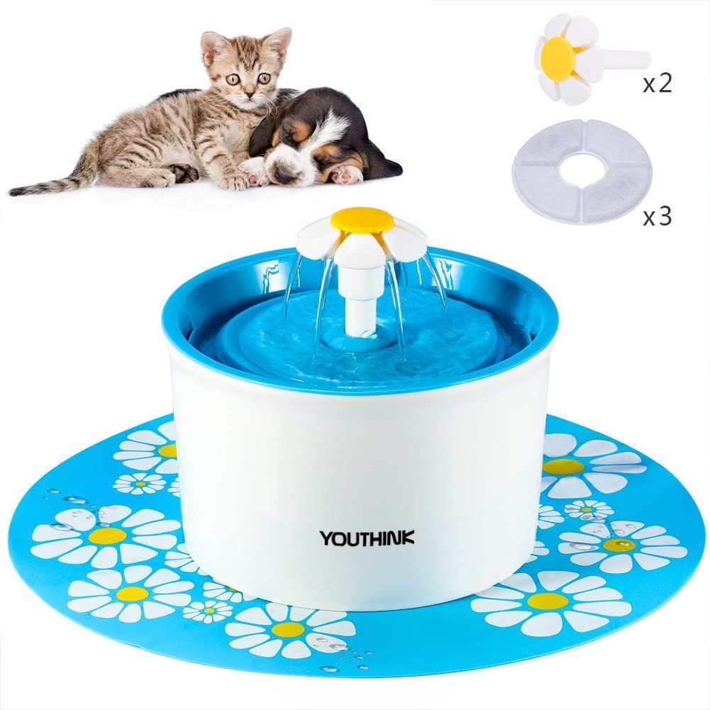  YOUTHINK Fuente de Agua para Gato/Perros, Dispensador Mascotas, Bebedero Automático Silencio 1.6 L Circulante SIN BPA con 3 Filtros, 2 Flores y 1 Tapete de Silicona (1.6l Fuente) 