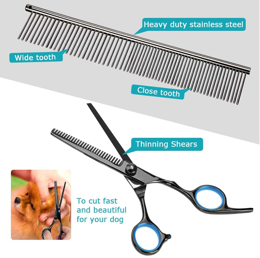  YOUTHINK Tijeras para Mascotas, 5 Piezas de Kit Profesional recortador para Mascotas de Acero Inoxidable, Utilizado para Perros o Gatos, Tijeras Rectas y Curvas con Peine para Cabello Largo y Corto 