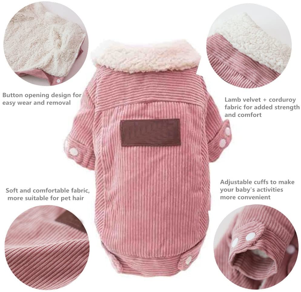  YUECUTE - Ropa para Mascotas para Perro, jCorduroy + Lamba Cachemir, Abrigo para Perros pequeños, medianos, Chalecos de Solapa clásicos de Color Rosa con Ropa Vintage 