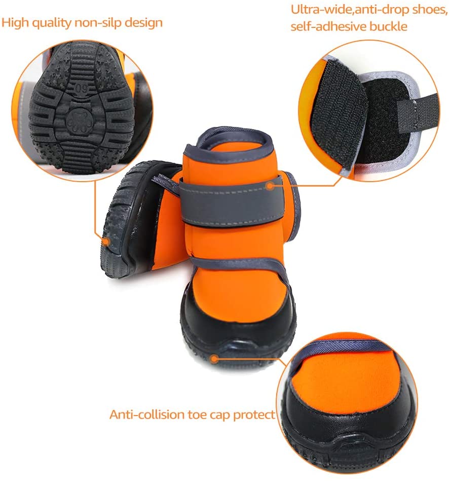  Zeraty Zapatos para Perros Botas para Mascotas Zapatillas para Perros medianos más Grandes con Correas Reflectante Ajustable Suela Antideslizante Resistente Naranja 4PCS 