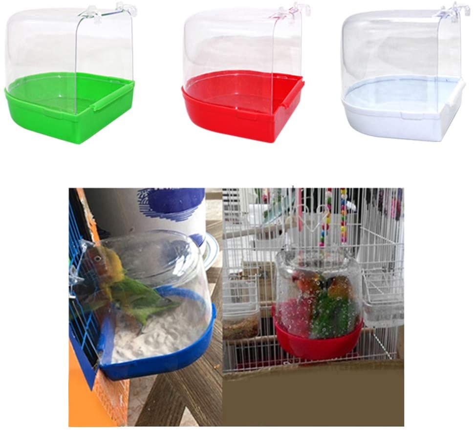  ZZM Baño para pájaros en el Exterior para pájaros enjaulados, Caja Limpia semicircular recubierta de la bañera del Loro con Clip Exterior con Clips universales (Color Aleatorio) 