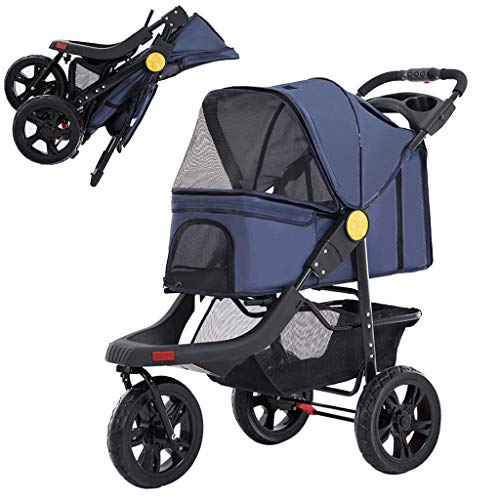 3 Ruedas Cochecitos para Perros Plegables, Buggy De Viaje Ligero para Gatos Y Perros Pequeños Y Medianos De 20 Kg, con Canasta De Almacenamiento Y Portavasos, La Rueda Delantera Puede Girar 360 °