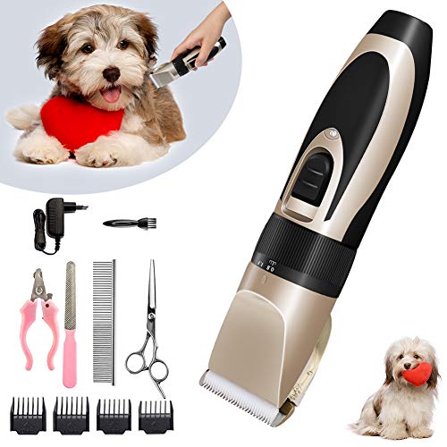 Airand Cortapelos Perros Gatos,Maquina Cortar Pelo Perros Ruido Bajo Menos de 50DB Recargable Cuchilla de Cerámica Desmontable con 10 Accesorios Inalámbrico Recargable Cortapelo Profesional Segulidad