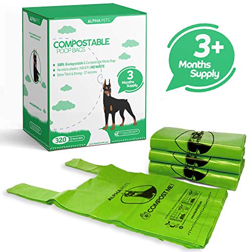 Alpha Pets Bolsas compostables para Perros con Asas fáciles de Atar – 320 Bolsas de Basura de maíz biodegradables de tamaño Mediano y Grande – 3 Meses de Suministro con Caja dispensadora