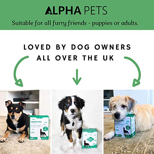 Alpha Pets Bolsas compostables para Perros con Asas fáciles de Atar – 320 Bolsas de Basura de maíz biodegradables de tamaño Mediano y Grande – 3 Meses de Suministro con Caja dispensadora