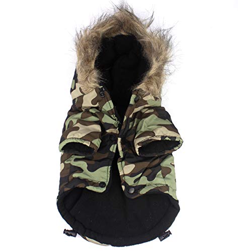 Babydog Abrigo Chaleco para Perro con Capucha, Forro Polar y Mangas, Cierre Corchetes, Modelo Camuflaje Militar (M, Verde)