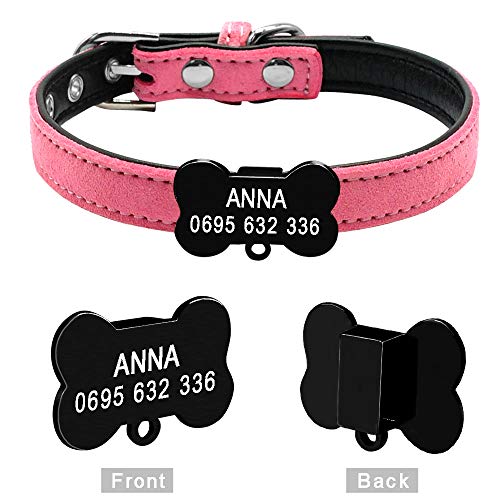 BERRY Collar de Perro de Piel Acolchada Personalizado, con Etiquetas de identificación de Hueso, Collar de Perro Personalizado para Cachorros Perros pequeños Gatos, Negro, Rojo, Rosa, XXS, XS, S