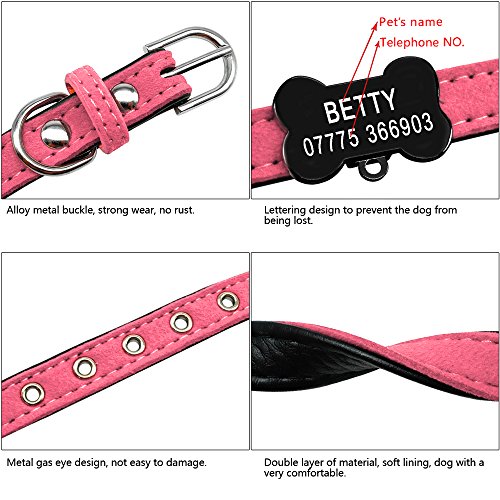 BERRY Collar de Perro de Piel Acolchada Personalizado, con Etiquetas de identificación de Hueso, Collar de Perro Personalizado para Cachorros Perros pequeños Gatos, Negro, Rojo, Rosa, XXS, XS, S