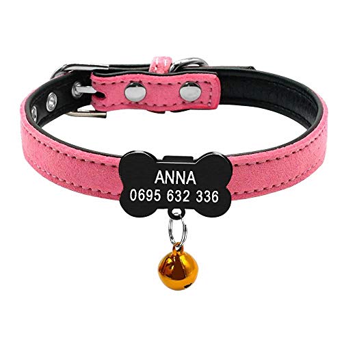 BERRY Collar de Perro de Piel Acolchada Personalizado, con Etiquetas de identificación de Hueso, Collar de Perro Personalizado para Cachorros Perros pequeños Gatos, Negro, Rojo, Rosa, XXS, XS, S