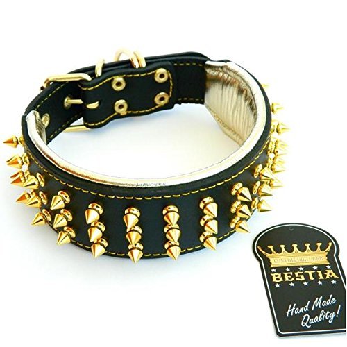 Bestia® "Oro Gigante Cuero Tachonado Collar de Perros Grandes. 2,5 cm de Ancho. Suave Padded. Duradera y cómoda. Hecho a Mano Pitbull. Cane Corso. Rottweiler. Bully. Amstaff. Doberman