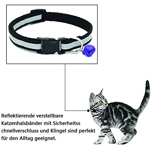 BETOY 8 pcs Collar para Gato,Collar Reflectante Gatos Pequeño, Ajustables para Gato con Campaña Luminoso Hebilla Seguro de Liberación Rápida,Etiquetas de identificación para Mascotas