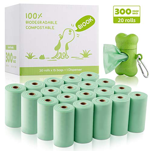 BIOOK Bolsas Caca Perro 100% Biodegradable con 1 Dispensador, Materiales Basados en PLA y Compostables Premium Ecológico, Fuertes, Resistente a Fugas, Sin Perfume, EN13432 y Ok Compost Certificación