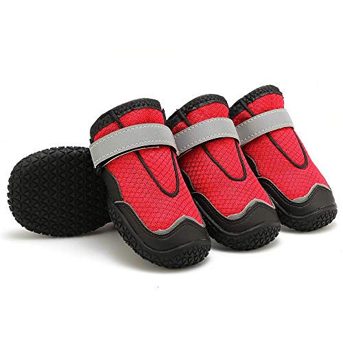 Botas Para Perros, 4 Piezas Zapatos Para Perros Mascotas Zapatos De Red Four Seasons Botas Para Perros Bulldog Francés, Protectores De Patas Con Correas Ajustables Para Perros,Rojo,7#=6.5cm(W)