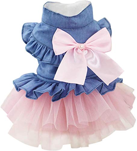 Bowknot Vestidos de tutú para Perros pequeños Denim Wedding Princess Falda Cachorro Ropa de Primavera (Tamaño Blanco 2XL)-Talla XS_Rosado