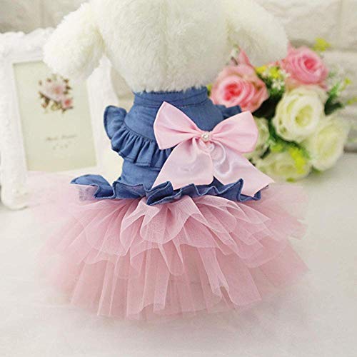 Bowknot Vestidos de tutú para Perros pequeños Denim Wedding Princess Falda Cachorro Ropa de Primavera (Tamaño Blanco 2XL)-Talla XS_Rosado