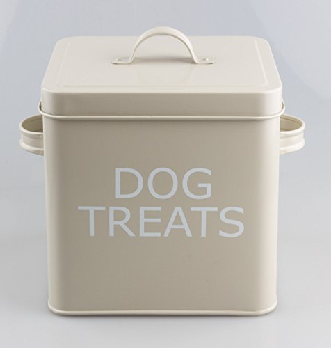 Caja de lata con tapa, estilo retro vintage con texto "Dog Treats"