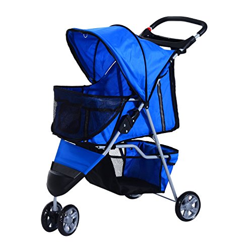 Cochecito Plegable Mascotas 75x45x97cm Perro Gato Carrito Ruedas Giran 360º Azul