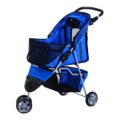 Cochecito Plegable Mascotas 75x45x97cm Perro Gato Carrito Ruedas Giran 360º Azul