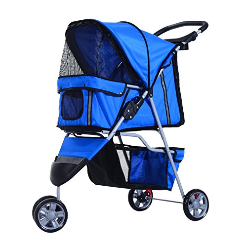 Cochecito Plegable Mascotas 75x45x97cm Perro Gato Carrito Ruedas Giran 360º Azul