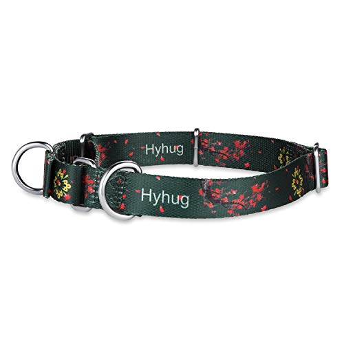 Collar de perro Martingale de doble anillo mejorado duradero para cachorros de perros pequeños que caminan y adiestran etiquetas y accesorios de identificación adjunta (Pequeño S, Verde ciruelo flor)