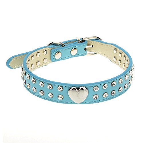 Collar de piel para perros con dos filas de diamantes de imitación y corazón llamativo tachonado, para mascotas pequeñas o medianas