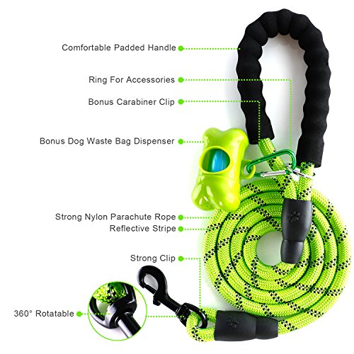 Correa Perro, 1,5m Correa de Perro Fuerte con Mango Acolchado, Hilos Altamente Reflectantes, Bolsas para excrementos de perro con dispensador para Perros Pequeños, Medianos y Grandes, Verde