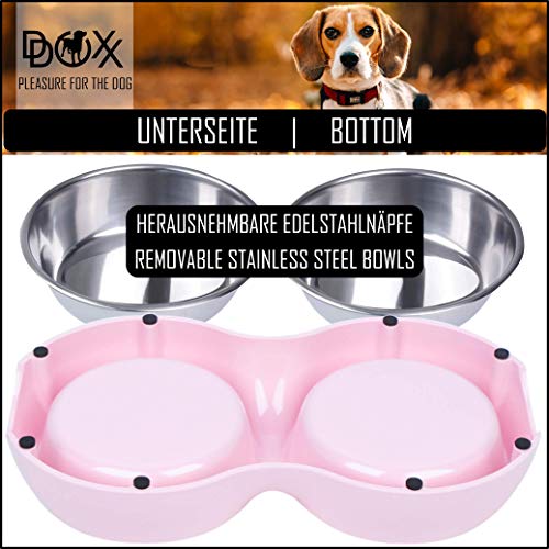 DDOXX Comedero Doble Perro, Antideslizante Tamaños | para Perros Pequeño, Mediano y Grande | Bol Accesorios Acero INOX-Idable Melamina Gato Cachorro | Rosado, 2 x 350 ml