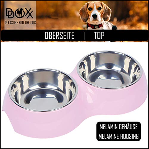 DDOXX Comedero Doble Perro, Antideslizante Tamaños | para Perros Pequeño, Mediano y Grande | Bol Accesorios Acero INOX-Idable Melamina Gato Cachorro | Rosado, 2 x 350 ml