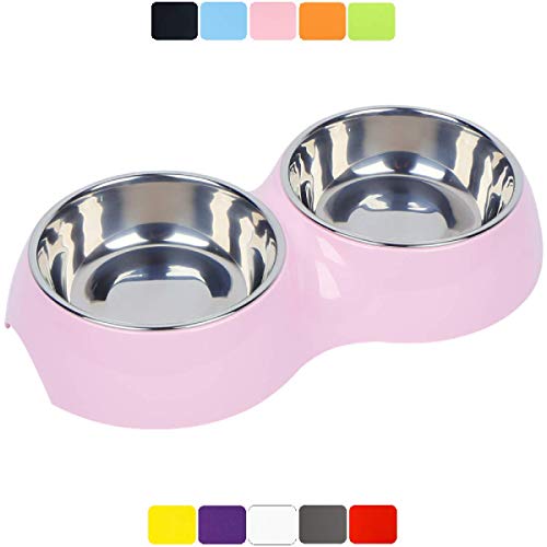 DDOXX Comedero Doble Perro, Antideslizante Tamaños | para Perros Pequeño, Mediano y Grande | Bol Accesorios Acero INOX-Idable Melamina Gato Cachorro | Rosado, 2 x 350 ml