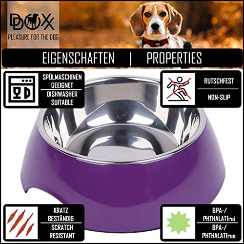 DDOXX Comedero Perro, Antideslizante Tamaños | para Perros Pequeño, Mediano y Grande | Bol Accesorios Acero INOX-Idable Melamina Gato Cachorro | Violeta, 350 ml