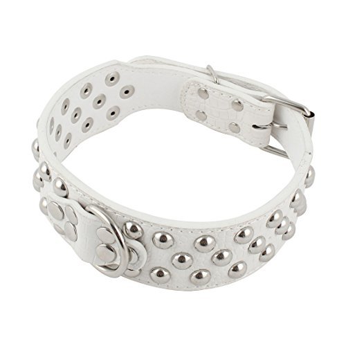 DealMux Cuero de la PU del Entrenamiento del Perro del Animal doméstico de 3 Filas con Tachuelas Pitbull Boxer Collar del Cuello de la Correa Blanco L