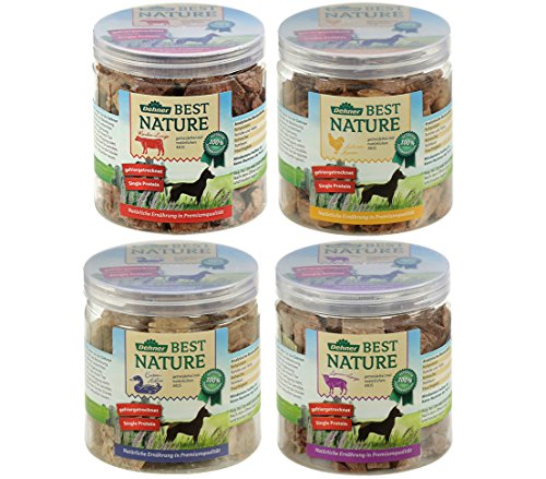 Dehner Best Nature - Mezcla de Aperitivos para Perros, vacunos, Corazones de gallina, Colmenas y cuellos de Pato, 4 latas (250 g)