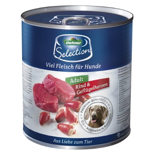 Dehner Comida para Perros prémium, para Adultos, Vacuno y Corazones de Aves, 6 x 400 g (2,4 kg).