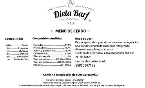 Dieta Barf Menú de Cerdo 9kg.