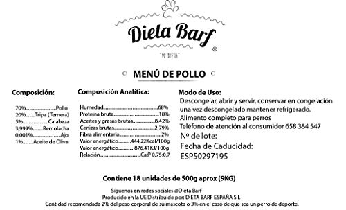 Dieta Barf Menú de Pollo 9kg.