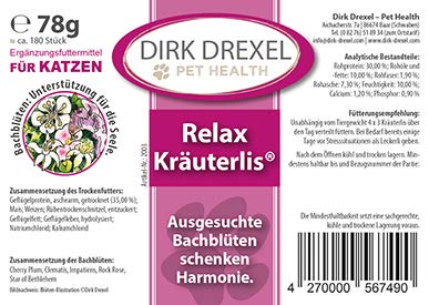 Dirk Drexel Relax Kräuterlis para Gatos 78 g de ansiedad y estrés con Flores de Bach, Tranquilidad Interior, para la armonización