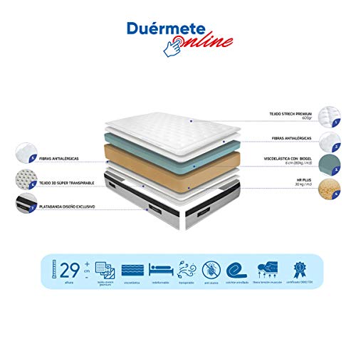 Duérmete Online - Colchón Viscoelástico Nature Biogel | Altura 29cm | Confort Máximo | Tejido Termorregulador, 135x190