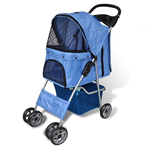 Festnight Carrito de Perro Cochecito de Perrro Plegable De Mascota Cesta de Almacenamiento Azul 15 kg