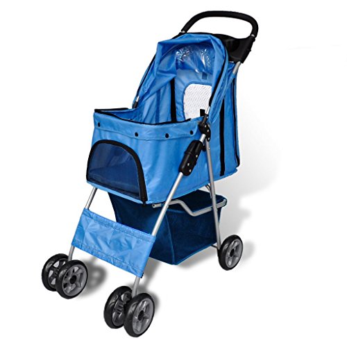 Festnight Carrito de Perro Cochecito de Perrro Plegable De Mascota Cesta de Almacenamiento Azul 15 kg