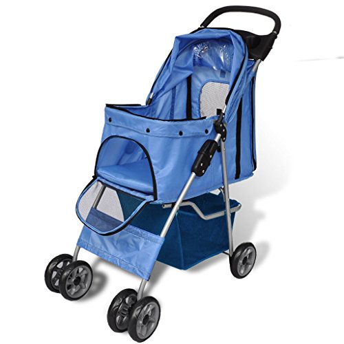 Festnight Carrito de Perro Cochecito de Perrro Plegable De Mascota Cesta de Almacenamiento Azul 15 kg