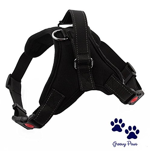 GroovyPaws - Arnés para perro que no tire reflectante, ajustable, para perro o collar, chaleco de servicio, chaleco acolchado para el cuerpo del perro, arnés para caminar con asa (S)