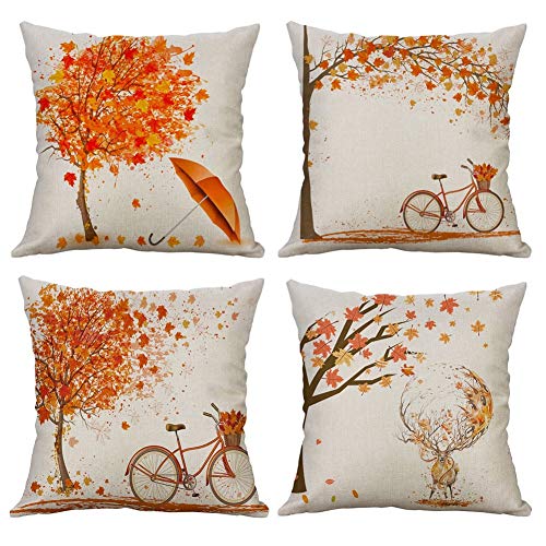 Gspirit 4 Pack otoño Arce Bicicleta Algodón Lino Throw Pillow Case Funda de Almohada para Cojín 45x45 cm