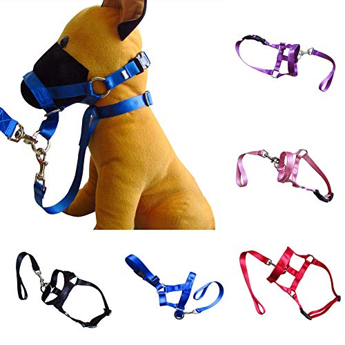 Gulunmun Collar de Cabeza de Perro de Nylon Mascota Líder Suave Sin Dolor Sin Control de tracción Correa de Entrenamiento Arnés Ajustable Entrenamiento con Cabestro Nariz Azul, S