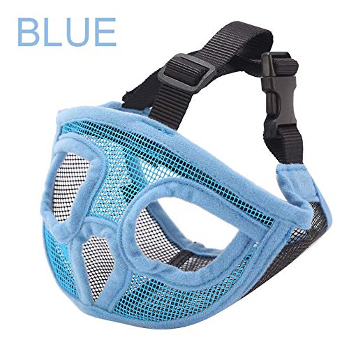 Gulunmun Hocico Corto hocico de Perro Mascota   Ajustable de Malla Transpirable Bulldog francés Pug Boca bozal máscara Anti Stop ladrar Suministros-Azul, l (Arriba, 56 cm)