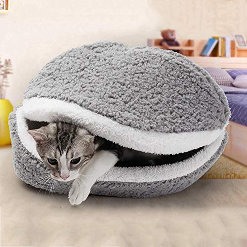 Handfly Cama Nido de Gato de Felpa con Forma de Hamburguesa Cama Cueva de Gato para Invierno Casa a Prueba de Viento Escondite Gatito Gatos Cama cálida